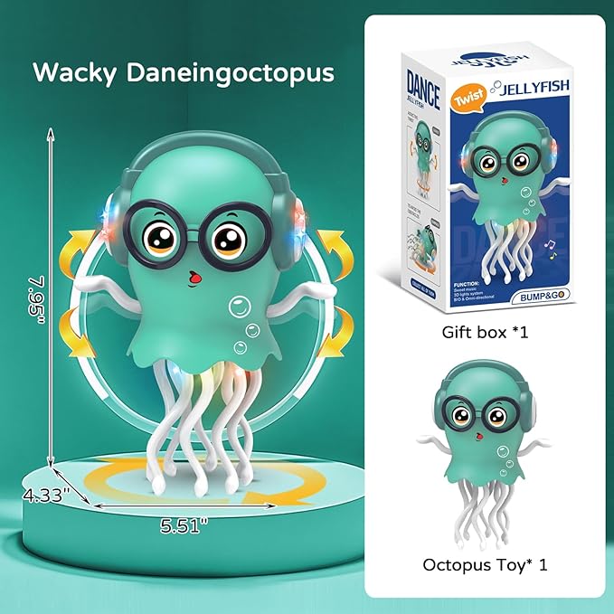 Magic Electric Dancing Jellyfish Toy with Led Light and Music,Playful Automatic Steer Crawling Dancing Baby Toy with Smart Tentacle Explorer,Octopus Toy,Tummy Time Toys(Green)