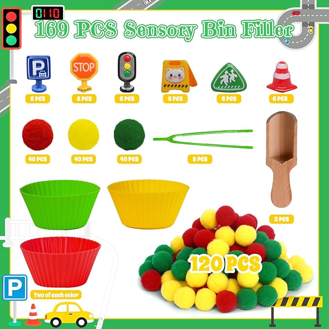 169pcs Traffic Signs Sensory Bin Filler Fine Motor Toys Traffic-themed Sensory Bin Items Traffic Light Stop Sign Traffic Cones Parking Sign Crosswalk Pom Poms for Preschool Color Counting Sorting