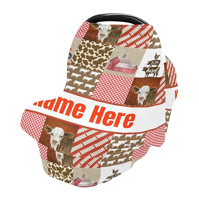 Personalized Red Tractors Baby Car Seat Cover for Babies with Name, Custom Farm Cow Baby Car Seats Canopy for Boys Girls, Nursing Breastfeeding Stroller Covers Infant Car Seat Blanket for Newborn