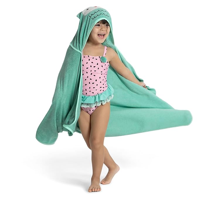 Delta Children Kids Hooded Bath Towel with Pockets - Super Soft and Absorbent- Great Gift for Boys and Girls, Light Teal Owl