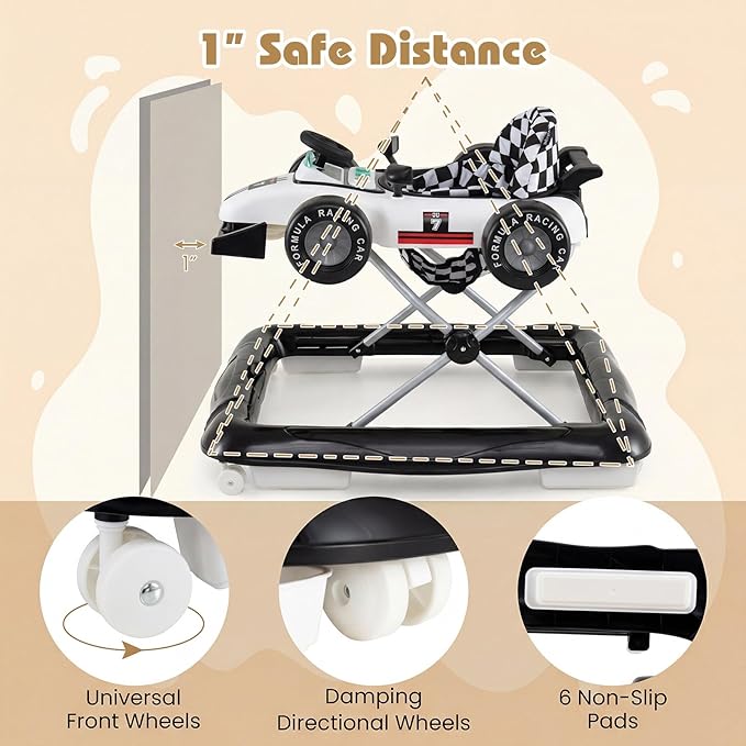 BABY JOY 4-in-1 Baby Walker, Foldable Activity Walker with Push Mode, Adjustable Height, Lights, Anti-Rollover, Baby Walker with Wheels for Boys Girls 6-18 Months (White)