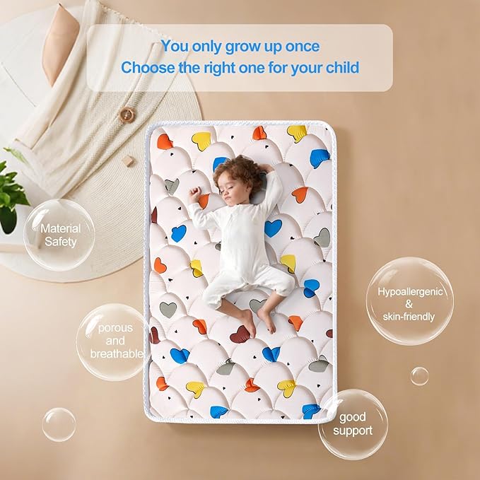 Pack and Play Mattress (38 "x26 "x1.5"),Skin Friendly Fabric, Soft, Breathable and Quiet, Provides Baby Friendly Support and Helps Healthy Spine Development,Pack and Play Topper,Cute Heart Pattern