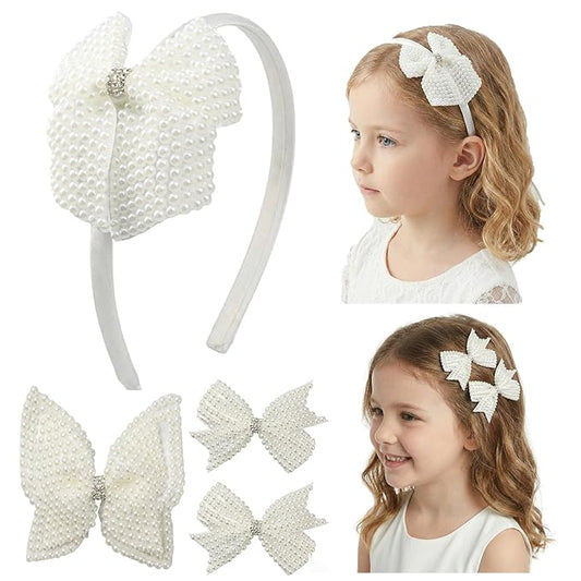 JIAHANG Baby Girls Hair Bow Headband and Clips Set, Children Hair Accessories Gift 4Pcs Set (pearlseriesB)