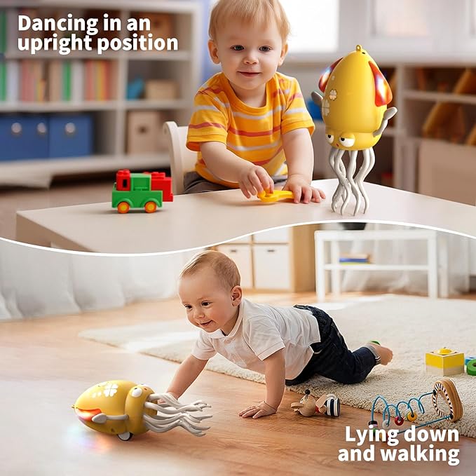 Interactive Dancing Octopus Toy,LED Light-Up Music Crawling Squid with Smart Obstacle Avoidance & Fishing Rod,Tummy Time Baby Toy,Musical Toy for 3 4 5 6 Year Old Boys and Girls(Yellow)