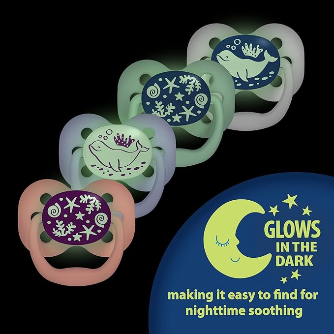 Dr. Brown's Advantage Baby Pacifier, Fully Symmetrical Soother with Soft Silicone Bulb, Glow-in-The-Dark Blue Sunrise-Blue Ocean, 0-6m, BPA-Free, 4-Pack