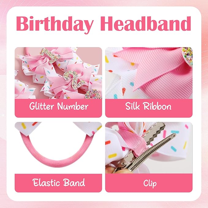 1st Birthday Hair Bow for Baby Girls, Pink Headband Hair Accessories for Girls 1 2 3 4 5 6 Years Birthday Confetti Ice Cream Party Supplies Decorations