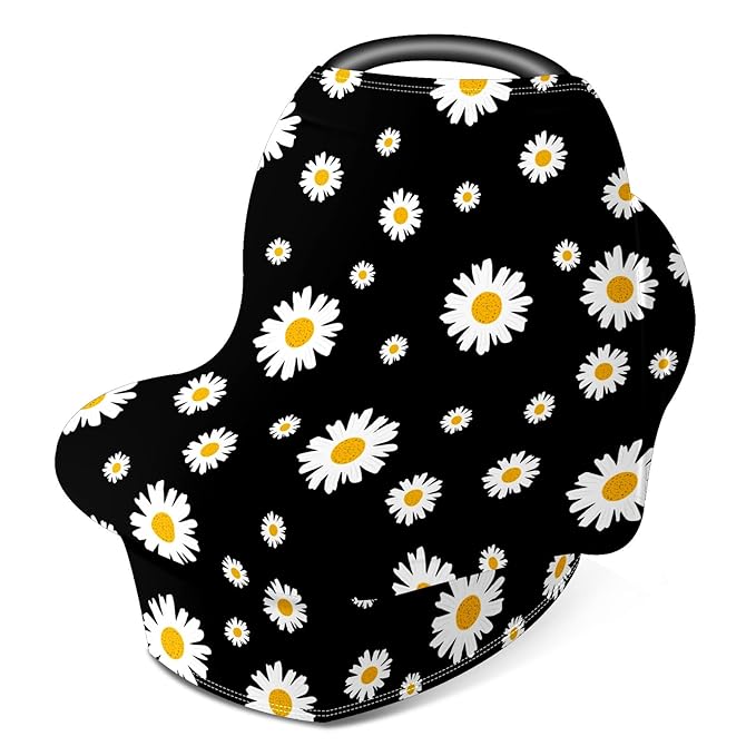 Baby Car Seat Stroller Covers White Yellow Daisy Flower Nursing Cover Breastfeeding Scarf Soft Breathable Stretchy Coverage Carseat Canopy Cover for Boys and Girls Soft Breathable Multi Use