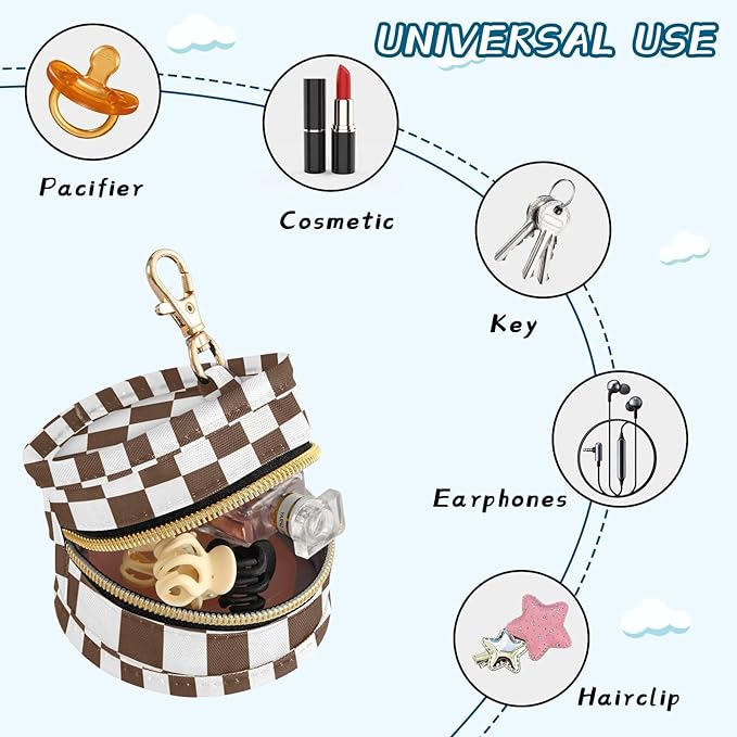 Brown Checkerboard Print Pacifier Holder Case for Diaper Bag Portable Travel Pacifier Storage Case with Clip Newborn Baby Pouch for Baby Boys Girls Purse Outdoor
