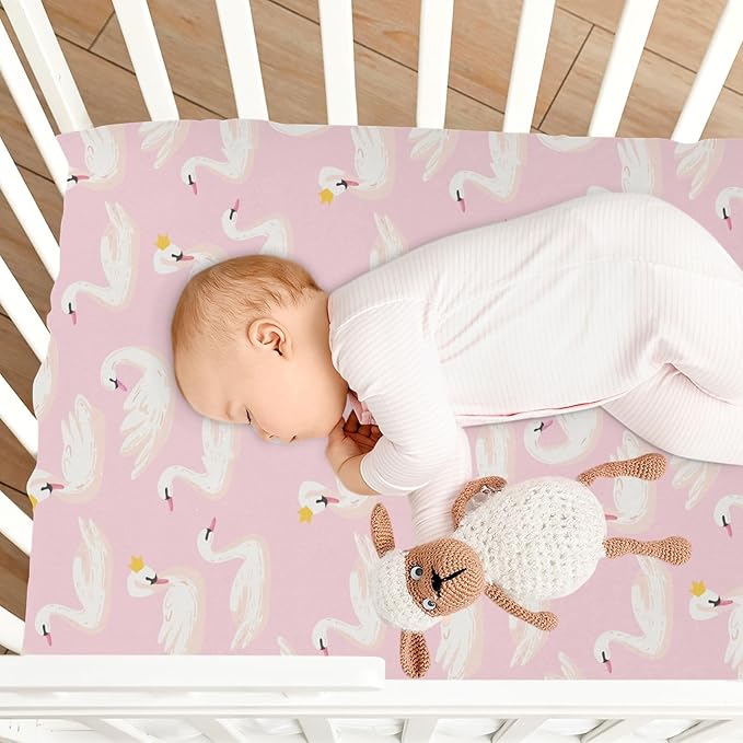Fitted Crib Sheets Pink Cute Swan Animals Stretchy Portable Playard Sheets for Baby Toddler, Breathable Soft Mini Crib Mattress 39 x 27 in for Boys and Girls