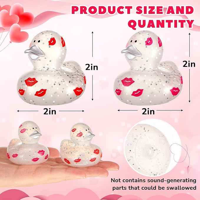 DEEKIN 24 Pcs Valentine Glitter Rubber Ducks 2" Pink Ducks Valentine Party Favors Decorations for Lovers Anniversary Celebration Couples Gift