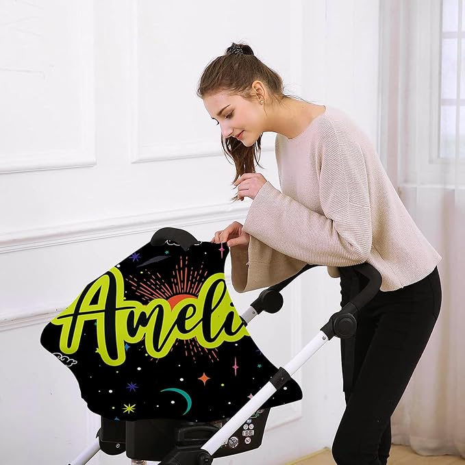 Custom Name Car Seat Canopy - Baby Car Seat Covers, Infant Stroller Cover, Bright Green Star Carseat Canopy Christmas Birthday Gifts for Girls and Boys