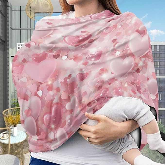 Pink Love Heart Print Stylish Infant Babies Nursing Cover Valentine's Day Theme Stretchy Car Seat Canopy for Shopping Cart/High Chair/Stroller Covers
