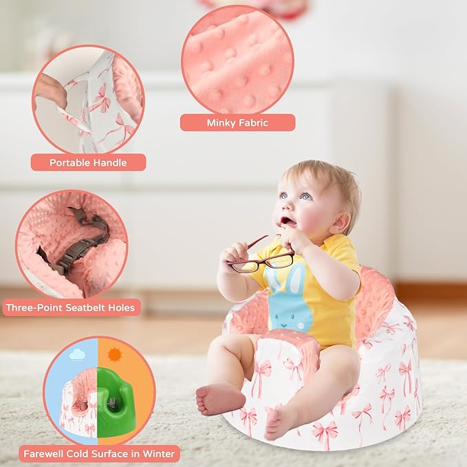 Seat Cover Compatible with Bumbo Seat, Soft and Breathable Baby Floor Seat Cover for Baby Boy & Girl (Cover Only), Pink Bow