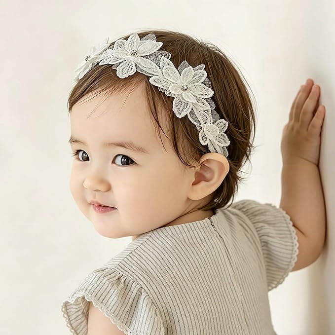 Baby Girls Flower Headbands Cute Kids Christening Headband Soft Lace Hairbands Floral Crown Newborn Infant Toddlers Hair Accessories for Birthday Party Photography(White Rhinestones Pearl)