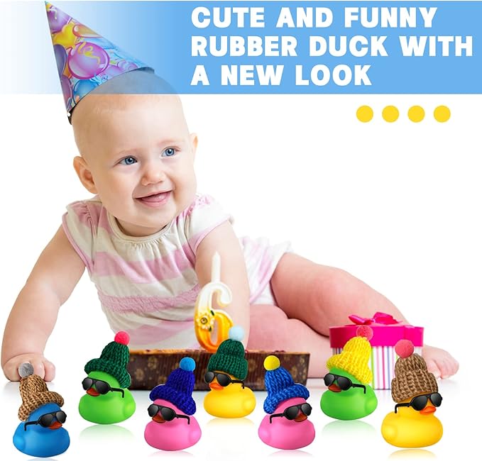 Chivao 12 Pcs Mini Rubber Ducks with Sunglasses/ Glasses and Hats/ Necklace, Cruise Rubber Ducks in Bulk Small Bathtub Toy for Hiding Party Favor(Fresh Color,Vivid Style)