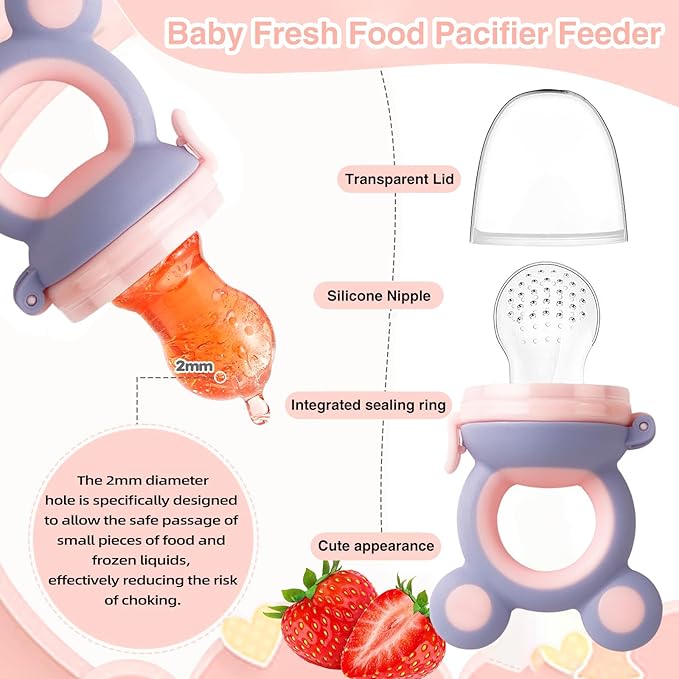 Baby Solids/Frozen Fruit Feeder Pacifier, Infant Teether Toy 4M+, BPA-Free Silicone Pouch & Nipple, Safely Introduce Solids, Teething Relief, 2-Pack