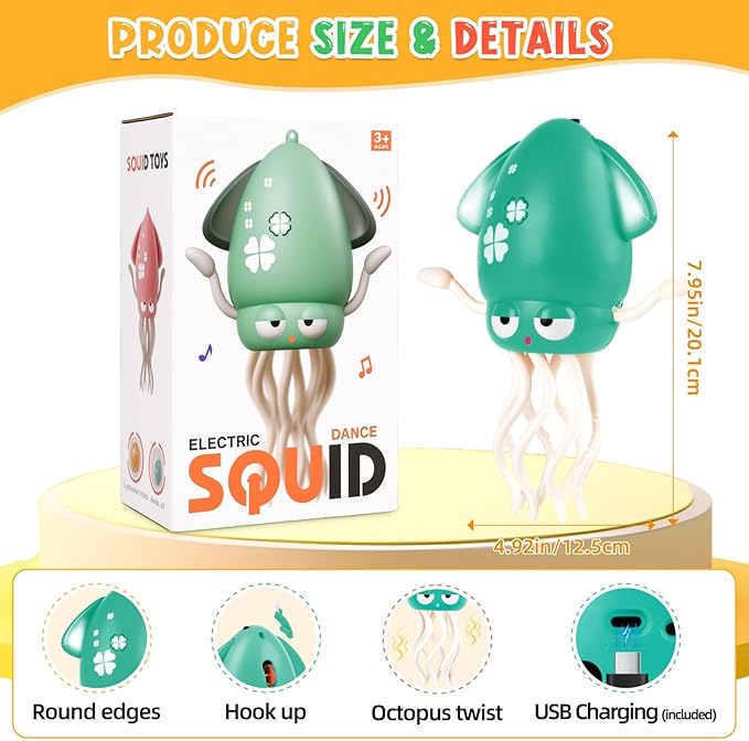 Magic Dancing Octopus Toy, Squid Crawling Toy with LED Light & Music, USB Rechargeable Interactive Baby Toys, Tummy Time Toys for Toddler Boys Girls Birthday (Green)