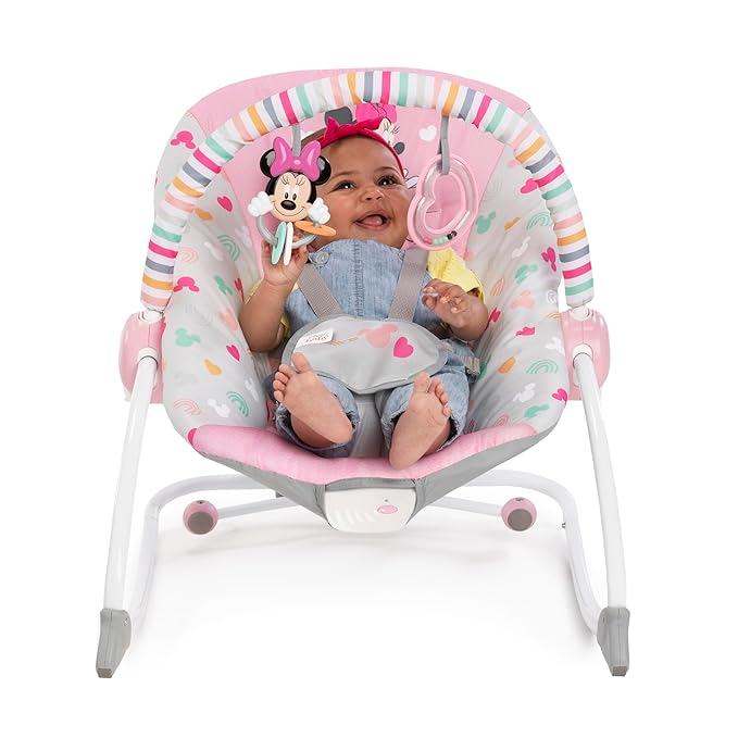 Bright Starts Disney Baby MINNIE MOUSE Infant to Toddler Rocker & Seat with Vibrations and Removable -Toy Bar, 0-30 Months Up to 40 lbs (Forever Besties)