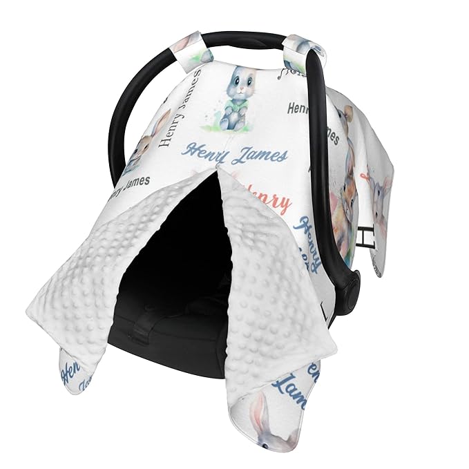 Personalized Winter Baby Car Seat Cover with Name Rabbit Winter Car Seat Cover for Baby Seat or Stroller Custom Infant Car Seat Covers Bunny Minky Blankets Nursing Cover Breastfeeding Scarf