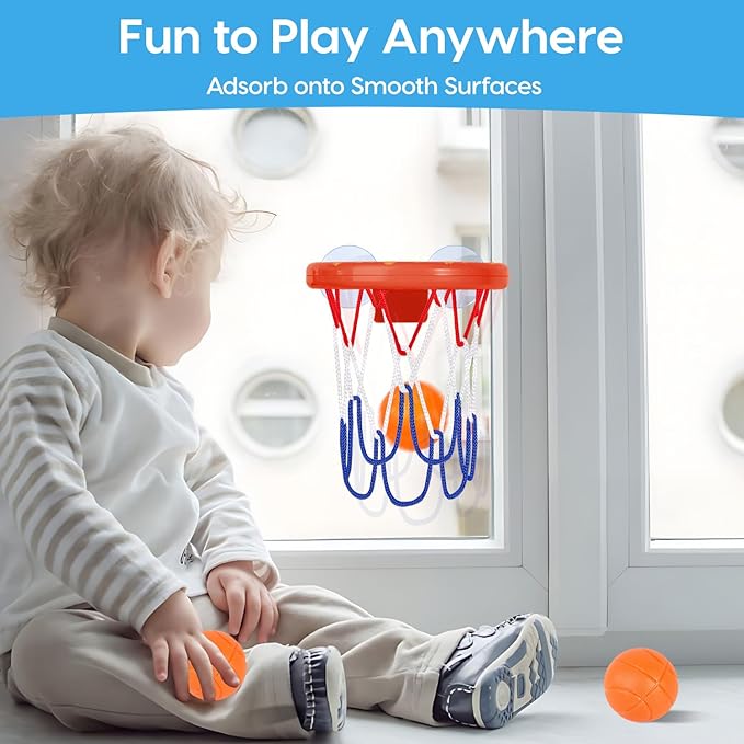 Bath Toys, Bathtub Basketball Hoop for Kids Toddlers, Bath Shower Toys for Kids, Strong Suction Cup Basketball Hoop & 3 Soft No-Hole Balls Set for Toddlers, Boys and Girls