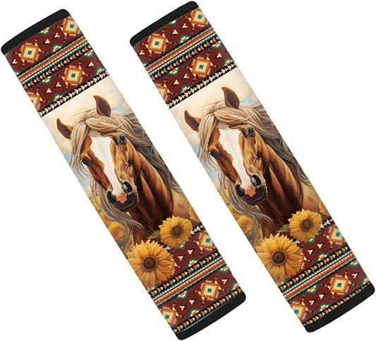 UNICEU Sunflower Horse Seatbelt Pads Protector Car Accessories, 2 Packs, Navajo Aztec Geometric Neoprene Comfortable Car Seatbelt Cover, Universal