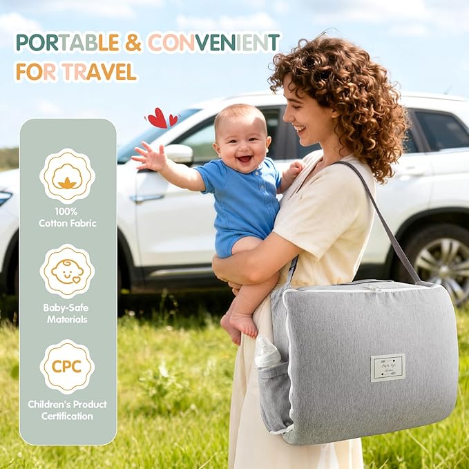 Portable Baby Lounger - Foldable Infant Lounge with Adjustable U-Shaped Bumper & Storage Bag, Breathable Cotton Secure Spot for Supervised Awake-Time Play & Interaction, Crocodile