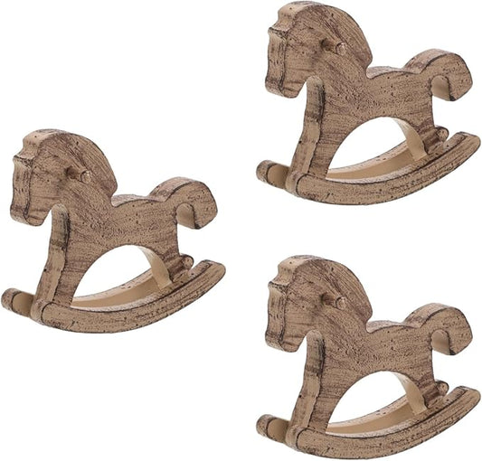 LOGOFUN 3PCS Vintage Carved Wooden Rocking Horse Tabletop Ornament for Party Favor Room Home Office Desk Centerpiece Decor - Brown