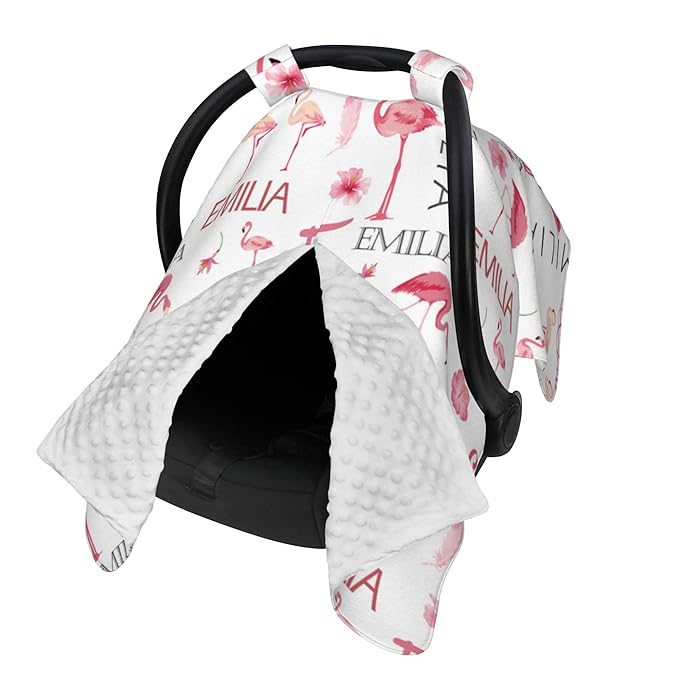 Personalized Car Seat Covers for Babies Custom Name Car Seat Canopy for Newborn Baby Boys Girls 2 in 1 Mom Nursing Breastfeeding Covers Flamingo Minky Baby Carrier Covers with Peekaboo Opening