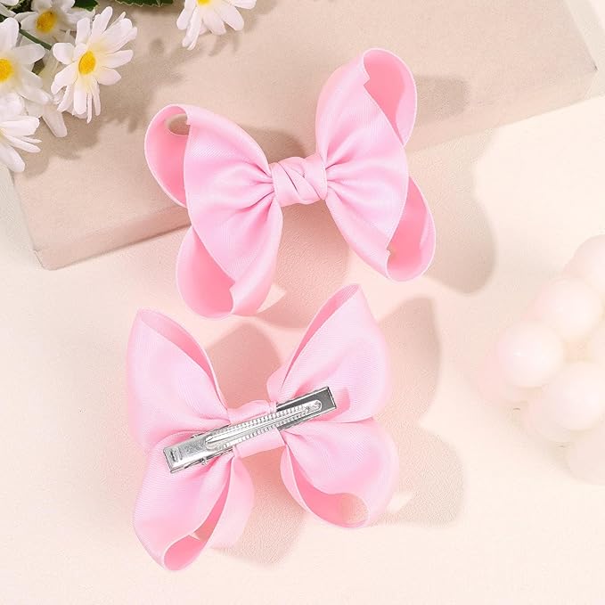 OAOLEER 2PCS 3.5inch Hair Bows for Girls，Pink Stain Ribbon Hair Bows Alligator Clips Hair Accessories for Back To School Teen Toddler Girls Kids (Pink)