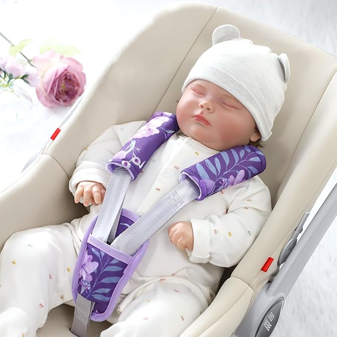 Baby Car Seat Strap Pads Suit, 3 Pieces Soft Car Seat Strap Shoulder Covers for Baby Infant Toddler, Double-Sided Car Seat Belt Covers for Stroller, Pushchair, Baby Swing, Purple Floral