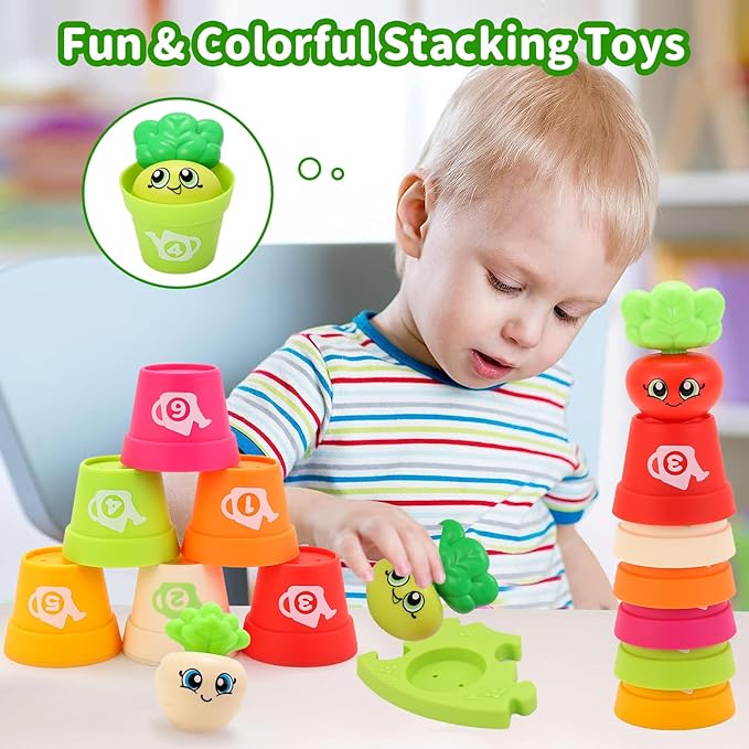 MOONTOY Baby Montessori Stacking Toys Learning Toys for 1 + Year Old 18pcs Plant Flower Pots & Puzzles Set, Color Sorting Toys for Toddlers 1-3, Birthday Gifts for 2 Year Old Girls Boys