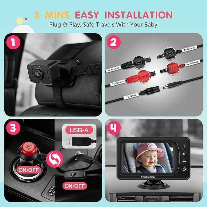Baby Car Camera USB with No.1 Clarity, 5'' HD 1080P IPS Baby Car Monitor with 3X Zoom, Backseat/Carseat/Rear Seat Camera with Ultra Night Vision, Easy No-Damage Install, S100P(5inch Black)