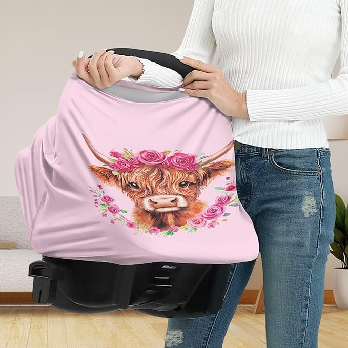 Wanyint Baby Car Seat Cover Stretchy Carseat Canopy Baby Breastfeeding Stroller High Chair Shopping Cart Cover Infant Nursing Scarf for Valentine's Day, Highland Cow Rose Floral