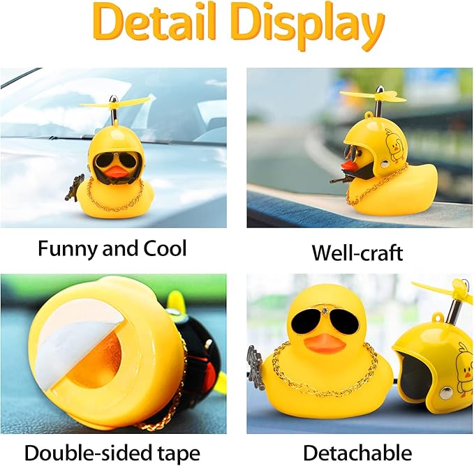 wonuu Rubber Duck Car Ornaments Cool Yellow Duck Car Dashboard Decorations Squeaky Glasses Duck with Propeller Helmet for Car ccessories Dashboard (Duckling-Yellow G)