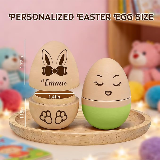 Personalized Musical Easter Egg Shaker 2026, Custom Engraved Wooden Easter Eggs Gifts for Kids Baby (Hollow Customizable Wooden Eggs)