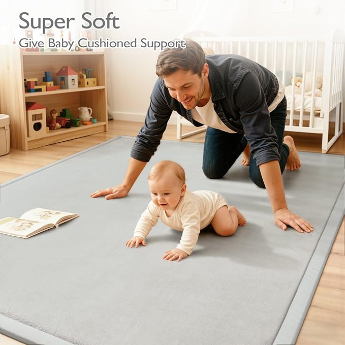STARUIA Baby Play Mat for Floor, 1.1" Thick Memory Foam Tummy Time Mats, Soft Flannel Nursery Rug, Non Slip Crawling Mat for Toddlers, Kids, Playpen, Tatami Style for Living Room(59" X 79", Grey)