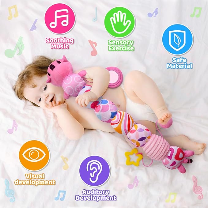 Baby Toys 0-6 6-12 Months, Stuffed Animal Infant Tummy Time Toys Sensory Toys with Crinkle Rattles Textures and Mirror Gifts for Newborn Boys Girls, Baby (Pink)