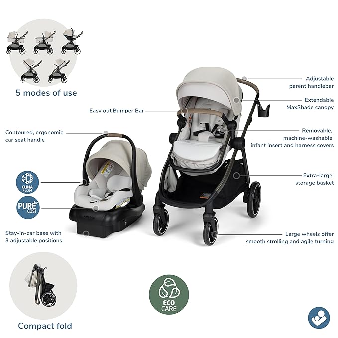 Maxi-Cosi Zelia Pro 5-in-1 Travel System with Mico Pro Infant Car Seat, Baby Stroller Combo, Reversible Seat, Large Wheels, Adjustable Handle, Newborn to Toddler, Lightweight, Classic Oat