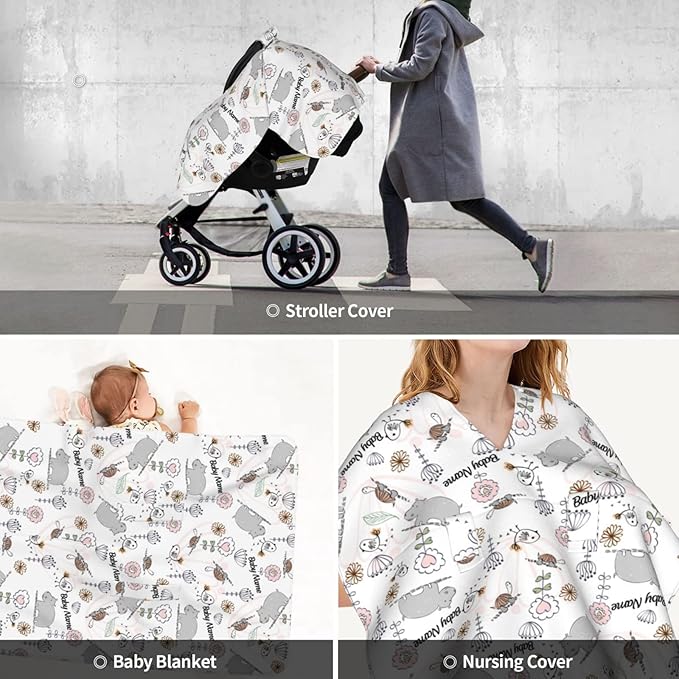 Personalized Cute Tortoise Hippo Baby Infant Car Seats Canopy for Babies with Name, Custom Car Seat Covers for Baby Boys Girls, Peekaboo Minky Nursing Breastfeeding Stroller Canopies for Newborn
