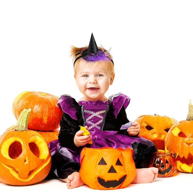 Baby Girls Mini Witch Hat Headband Infant Toddler Glitter Bow Tulle Party Hair Accessories Purple