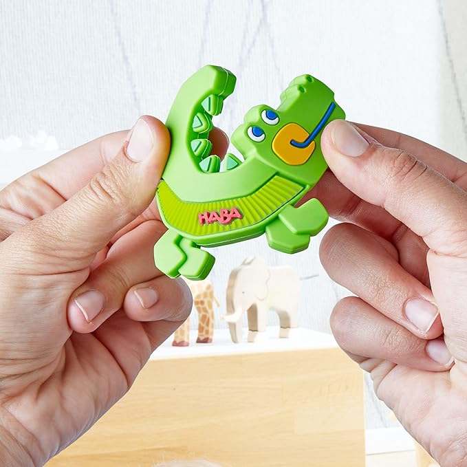 HABA Silicone Teethers for Babies 6-18 Months - Crocodile Design Silicone Teether Ring and Grasping Toy for Safe Sensory Development - Dishwasher Safe Baby Essentials