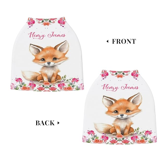 Personalized Car Seat Covers with Name, Fox Baby Canopy Carrier Cover, Breathable Breastfeeding Nursing Cover, Stretchy Multi-Use Infant Carseat Stroller Cover