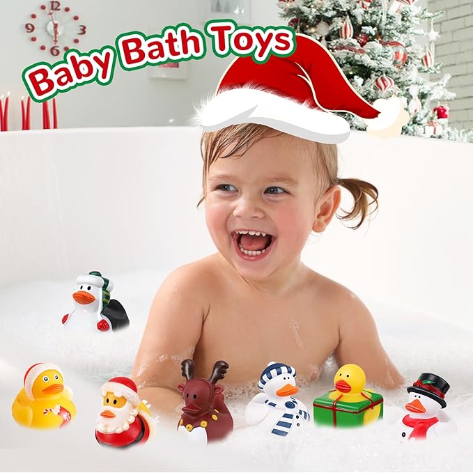 ANGGIKO 24 Pack Christmas Rubber Ducks in Bulk with Bag, Christmas Ducks for Ducking, Christmas Goodie Bag Stuffers, Baby Birthday Gifts Party Favors Bath Toys for Toddlers