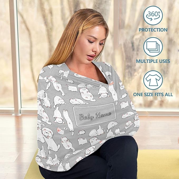 Personalized Baby Car Seat Cover for Babies, Custom Name Baby Car Seats Canopy for Boys Girls, Cute Cat Nursing Breastfeeding Stroller Covers for Infant Newborn, Shower Gift for Baby