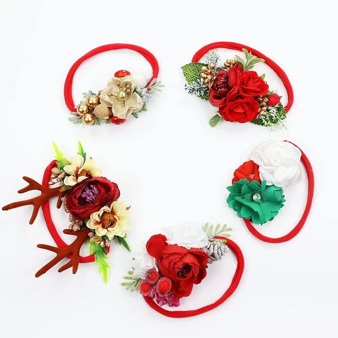 Cinaci 5 Pack Delicate Floral Flower Nylon Headbands Hair Bands Christmas Hair Accessories for Baby Girls Newborns Infants Toddlers Kids (5 Pack S6)