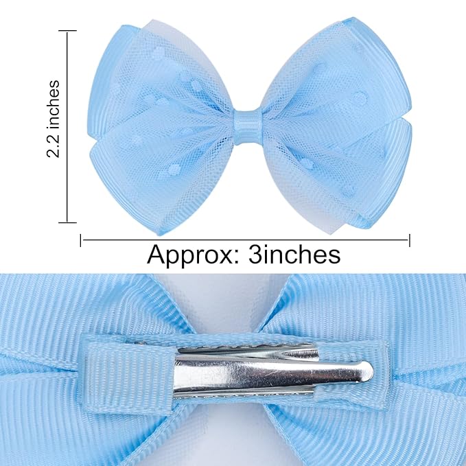 Tiny 3 Inch Dot Organza Double Hair Bow Clips - Cute Lined Boutique Alligator Hairpin for Girls, Toddlers, and Little Teens - Kids Barrettes Set of 2 Small Stylish (Light Blue)