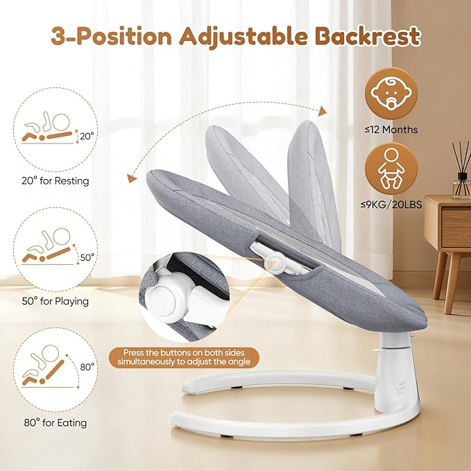 Baby Swings for Infants, Smelluck Electric Baby Swing with Upgraded 3 Adjustable Backrest, 12 Preset Melodies, 5 Speeds, Remote Control and Bluetooth, Portable Infant Swing for Indoor and Outdoor