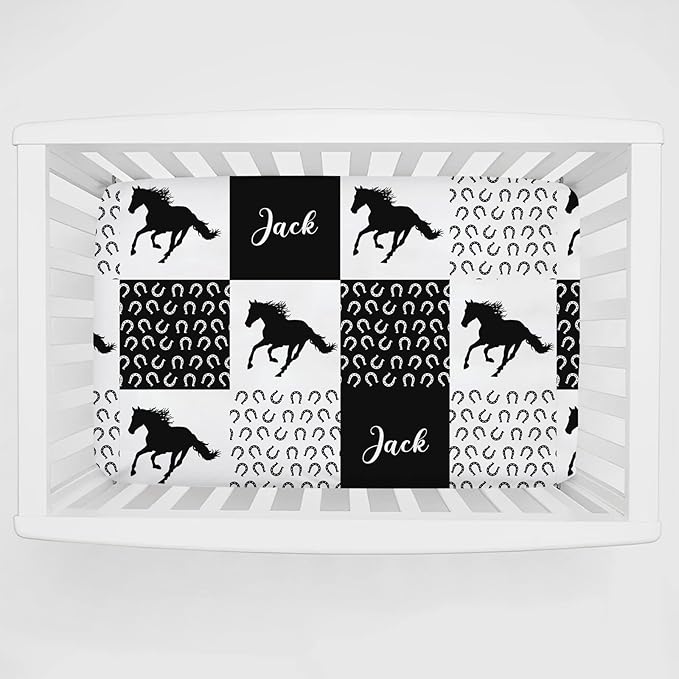 Personalized Pack and Play Sheets with Name, Custom Name Baby Mini Crib Sheets for Baby Boys Girls, Name Pack n Play, Fitted Sheet with Name, Soft and Breathable Material (Running Horse)