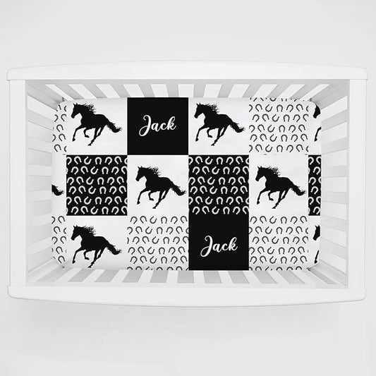 Personalized Pack and Play Sheets with Name, Custom Name Baby Mini Crib Sheets for Baby Boys Girls, Name Pack n Play, Fitted Sheet with Name, Soft and Breathable Material (Running Horse)