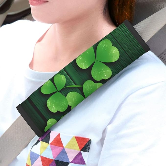Clovers Shamrocks Wood Seat Belt Cover Fits Cars Trucks SUV Sedans Sweat Absorption Car Seatbelt Strap Cover, St Patrick's Day Auto Interior Accessories Protector